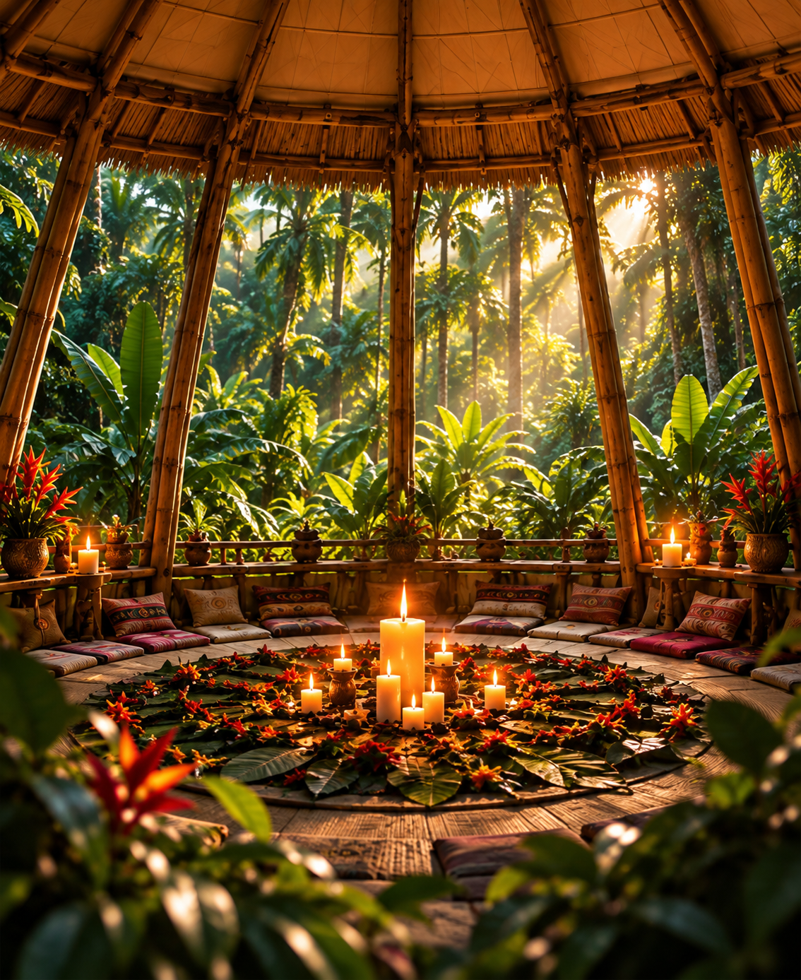 A candlelit ceremonial altar inside an open-air tropical sanctuary