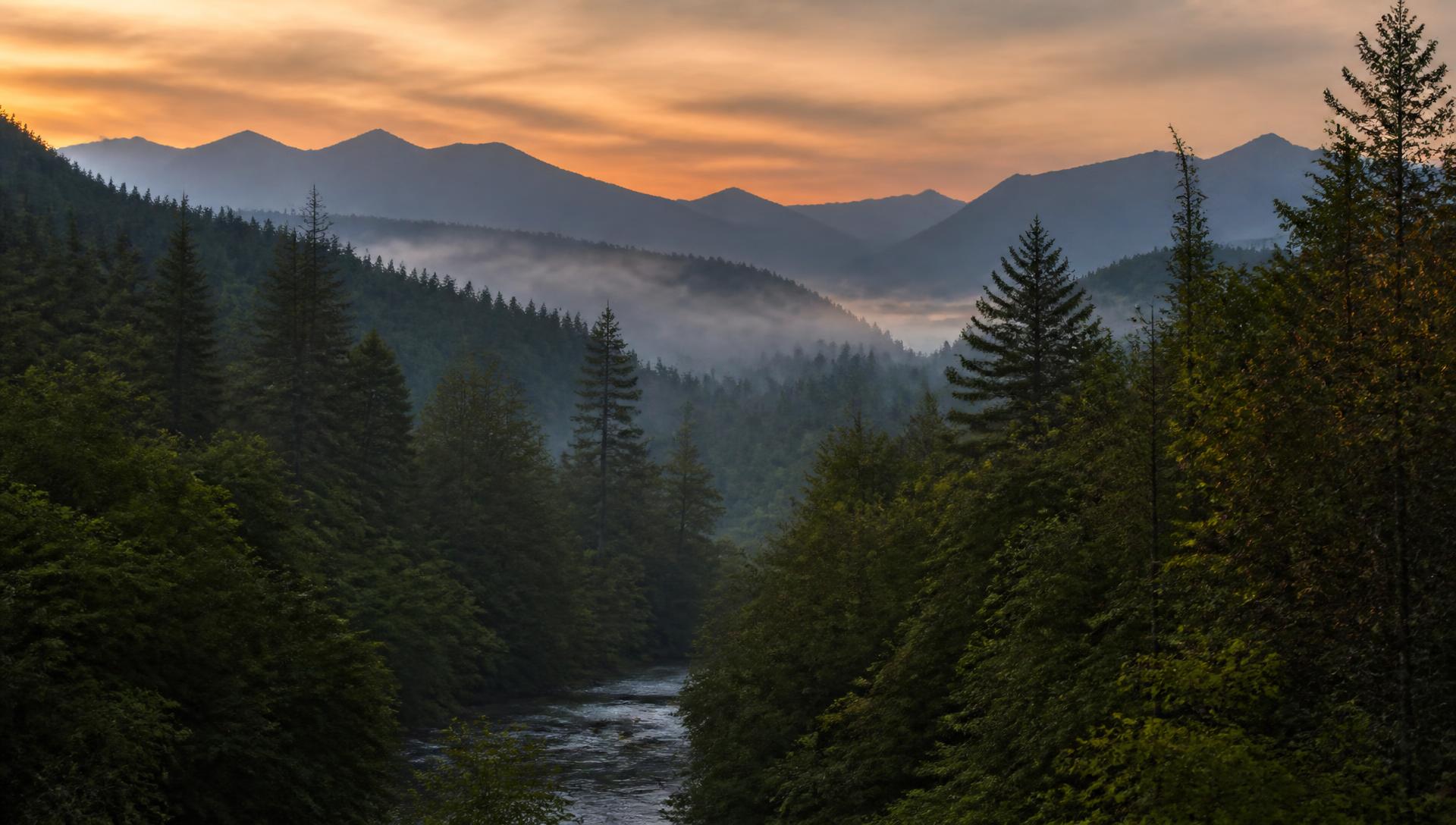 Forested valley at dusk with warm light on distant ridges